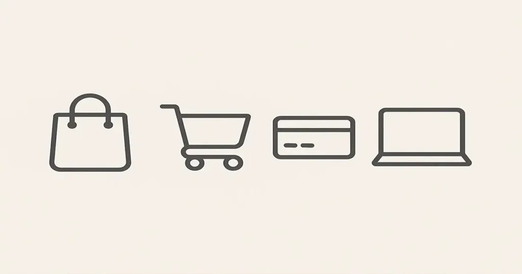 a line of icons of a shopping cart and a laptop