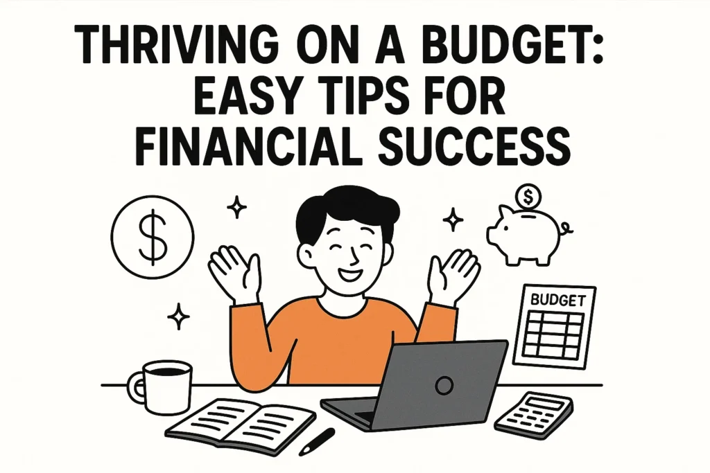 "Create a Pinterest pin with a white background, featuring large, bold text at the top that reads: 'Thriving on a Budget: Easy Tips for Financial Success.' Below the text, illustrate a happy person sitting at a desk with a laptop, surrounded by financial tools such as a notebook, calculator, and a cup of coffee. Add playful, minimalistic icons such as a dollar sign, piggy bank, and budget planner around the person. The design should have a clean, modern, and energetic style, with the text being the focal point and easy to read."